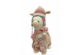 Deko Alpaca stehend  in Weiss  mit Mütze rosa