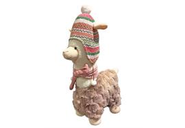 Deko Alpaca stehend  in Weiss  mit Mütze rosa