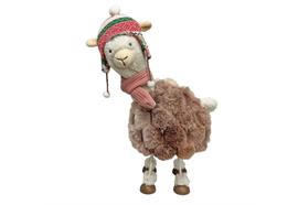 Deko Alpaca stehend  wippend  in Weiss  mit Mütze rosa