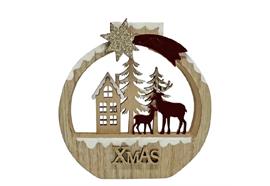 Deko Aufsteller rund  naturfarben  mit Rentier und Wald  aus Holz goldiger Stern
