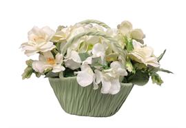 Deko Blumengesteck im  grünen Topf mit Henkeln  Kunstblumen