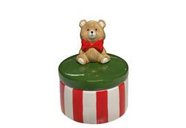 Deko Dose Teddybär  weiss rot gestreift  grüner Deckel