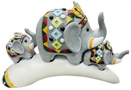 Deko Elefantengruppe  grau mit buntem Sattel und Kopfschmuck  8.5 x 26.5 x 16.5cm