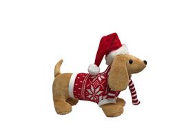 Deko Hund Dackel  stehend braun mit  roter Mütze und Shirt