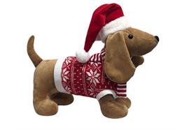 Deko Hund Dackel  stehend braun mit  roter Mütze und Shirt