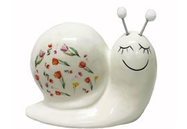 Deko Schnecke aus  Keramik weiss  mit Blumenmuster