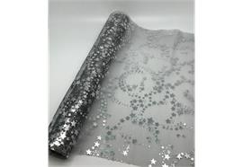 Dekostoff "Organza"- silber + silberne Sterne,  Design:Sternenwirbel,  Masse: 36cm x 300cm