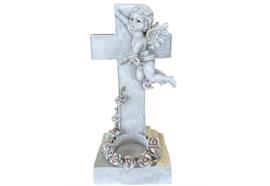 Engelfigur  am Kreuz in Grau  mit Blumen verziert  inkl. Teelichthalter