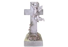 Engelfigur  am Kreuz in Grau  mit Blumen verziert  inkl. Teelichthalter
