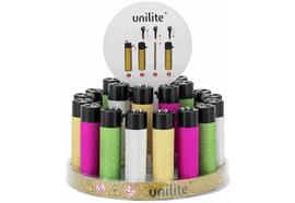 Feuerzeug Unilite Barcelona  Soft Flame  4 Designs Assortiert  Glitzer  360° Label