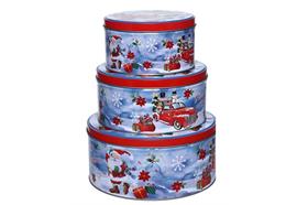 Guetzlidosen 3er Set rund  mit XMAS Motiv  Santa und Auto  aus Weissblech