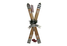 Hänger Skipaar aus Holz  braun mit Skistock  Metallschild - Welcome