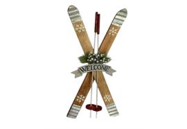 Hänger Skipaar aus Holz  braun mit Skistock  Metallschild - Welcome