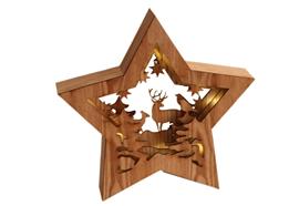 Holz Stern mit Hirsch Design-10 LED-D: 34cm  Hellbraunes Holz mit hellbraunen Hirschen