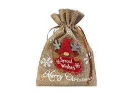 Jutesack mit braunem Zugband  aufgeklebter Wichtel aus Filz  Schritzug Special Wishes