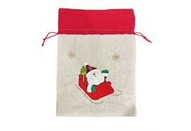 Jutesack mit rotem Zugband  Santa im Schlitten  Grösse: B:25cm H:35cm