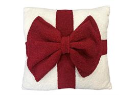 Kissen aus Plüsch  mit aufgenähter Schleife  weiss rot  45 x 45cm