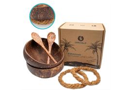 Kokosnuss Schalen 2er Set  2 Löffel plus 2 handgeknüpfte  Schalenhalter