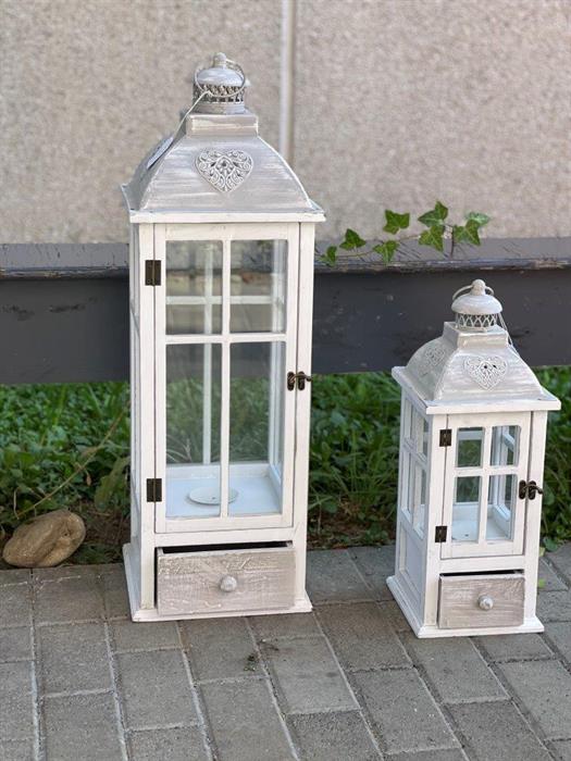 Laterne 2er Set aus Holz mit Schublade und Metalldach Farbe: Weiss, Laternen