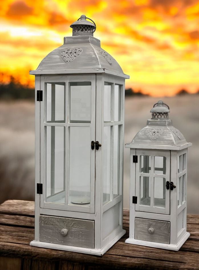 Laterne 2er Set aus Holz mit Schublade und Metalldach Farbe: Weiss, Laternen