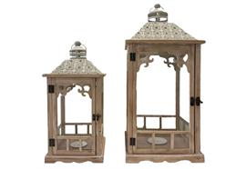 Laterne 2er Set FSC Holz  mit grauem Metalldach  Farbe: Braun