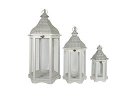 Laterne 3er Set 6-eckig  aus FSC Holz  mit Metalldach  Farbe: Weiss