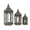 Laterne 3er Set 6-eckig aus Holz  mit Metalldach  Farbe: Braun washed