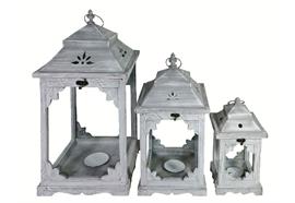 Laterne 3er Set  aus Holz mit Metalldach  weiss / grau washed