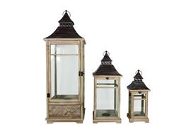Laterne 3er Set FSC aus Holz  mit grau washed Metalldach  Farbe: Braun washed