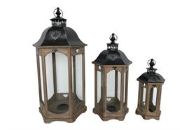 Laterne 3er Set FSC aus Holz  mit Metalldach und Herzdesign  Farbe: Braun