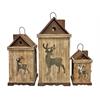 Laterne 3er Set Haus  aus Holz mit Hirsch Design  mit Metalldach  Farbe: Braun