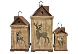 Laterne 3er Set Haus  aus Holz mit Hirsch Design  mit Metalldach  Farbe: Braun