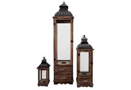 Laterne 3er Set  mit Schublade aus FSC Holz  mit Metalldach  Farbe: Braun