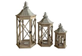 Laterne 3er Set 6-eckig FSC aus Holz  mit grau washed Metalldach  Farbe: Braun