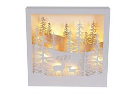 LED Deko Aufsteller Winterlandschaft Hirsche,18 LED H: 30cm  Grösse: 30x5x30cm, Holz weiss