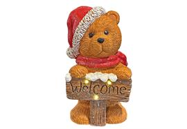 LED Deko Bär mit  Schild Welcome  und roter Mütze