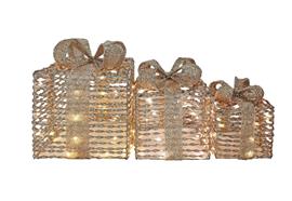 LED Geschenkboxen 3er Set  gold mit Glitter  mit warm weissen 20LED  Indoor