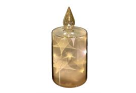 LED Glas Deko  Kerze transparent gold  mit 12 LED  Sternenmotive 3D