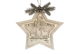 LED Hänger Stern aus Holz H:33cm  mit 10 LED  Design: Hirsch  Farbe: Silber  B:34cm H:33cm