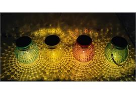 LED Solar Windlicht Glas  4 Farben assortiert  mit Henkel  Grösse 10.8x10.8x12.5cm