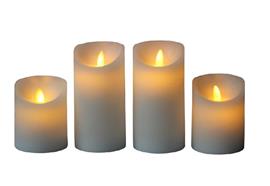 LED Wachskerze 4er Set weiss rustic  bewegliche Flamme  D:7.5cm 2x H:10cm + 2x H:15cm