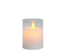 LED Wachskerze weiss im Glas mit beweglicher Flamme  D:7.5cm H: 10cm