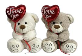 Plüschbär sitzend  2-sortiert  weiss und grau  mit rotem Herz Ballon  in den Händen