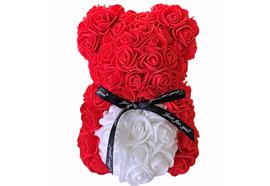 Rosenbär in Rot mit weissem  Herz 19.5cm hoch  mit Geschenkbox