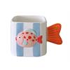Tasse mit Fischmotiv  weiss mit blauen Streifen  aus Dolomit