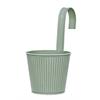 Übertopf aus Metall mit Haken  Farbe: grün mit Streifenprägung  H:14.7cm D:15.5cm