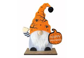 Wichtel Halloween Herbst  Filz mit Kürbis auf  Sockel aus Holz