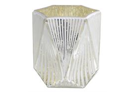 Windlicht 6 eckig Glas  matt weiss Innen gold  D10cm x H10cm