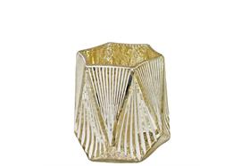 Windlicht 6 eckig Glas  matt weiss Innen gold  D10cm x H10cm