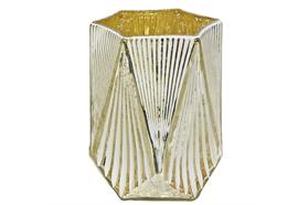 Windlicht 6 eckig Glas  matt weiss Innen gold  D11.5cm x H13.5cm